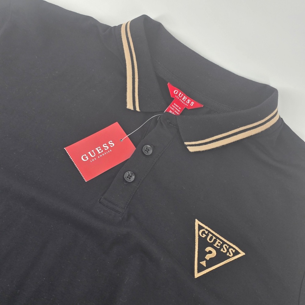Guess Polo Shirt Mens Size Medium Black Gold Tipped Logo Short Sleeve NEW